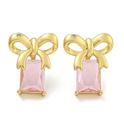 Pink Серьги-гвоздики с бантом из латуни с микропаве из кубического циркония, без кадмия и без свинца, реальный 18 k позолоченный, со стеклом, розовые, 25.5x21 мм