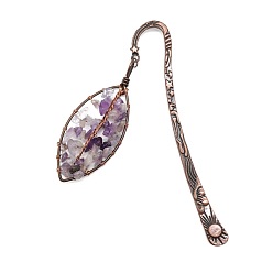 Amethyst Natural Amethyst Chip Beaded Leaf Pendant Bookmark, Red Copper Plated Alloy Hook Bookmark