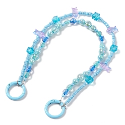 Light Sky Blue Acrylic Fish Beaded Mobile Straps, Multifunctional Chain, with Alloy Spring Gate Ring and Glass Beads, Light Sky Blue, 32cm