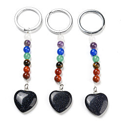Blue Goldstone Synthetic Blue Goldstone Heart Pendant Keychain, with 7 Chakra Gemstone Beads and Platinum Tone Brass Findings, 10cm