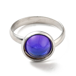 Синий K9 стеклянное плоское круглое кольцо на палец, 304 женские украшения из нержавеющей стали, цвет нержавеющей стали, синие, размер США 7 3/4 (17.9 мм), кольцо поверхность: 12x7mm