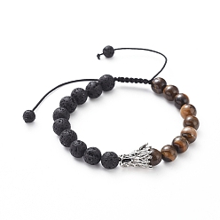 Mixed Stone Unisex Adjustable Nylon Thread Braided Bead Bracelets, with Natural Lava Rock & Tiger Eye Round Beads, Tibetan Style Alloy Beads, Dragon Head, 5.8~10cm