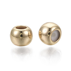 Real 18K Gold Plated Brass Beads, with Rubber Inside, Slider Beads, Stopper Beads, Nickel Free, Round, Real 18K Gold Plated, 6x4.5mm, Hole: 2.5mm, Rubber Hole: 1.2mm