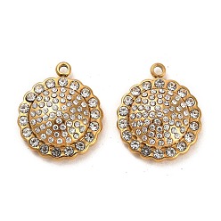 Real 14K Gold Plated 304 Stainless Steel Pendants, with Rhinestone, Sunflower Charms, Real 14K Gold Plated, 19x16x6mm, Hole: 1.6mm