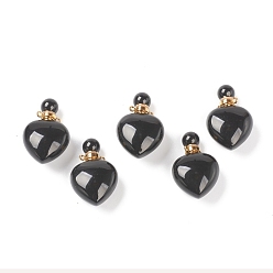 Black Agate Natural Black Agate Pendants, Openable Perfume Bottle, with Golden Tone Brass Findings, Heart Shape, Dyed & Heated, 33~35x22~23x12~13mm, Hole: 3.5mm, capacity: 1ml(0.03 fl. oz)