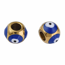 Bleu Foncé 201 perles d'émail en acier inoxydable, ronde avec le mauvais œil, or, bleu foncé, 8.5x8.5x6mm, Trou: 3mm
