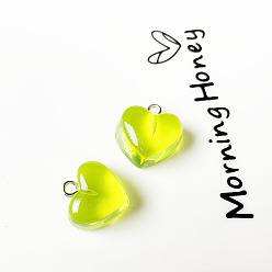 Green Yellow Transparent Resin Pendants, with Platinum Tone Metal Loops, Heart, Green Yellow, 16x18x10mm