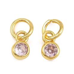 Pearl Pink Brass Pave Cubic Zirconia Charms, Flat Round Charms, Single Stone Charms, Long-Lasting Plated, Rack Plating, Cadmium Free & Lead Free, Golden, Pearl Pink, 7x4x2mm, Hole: 3.5mm