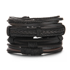BR22Y0044 Stylish Leather and Beaded Bracelet Set for Men - Fashionable Woven Combination Design