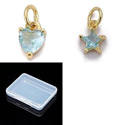Pale Turquoise 12Pcs 2 Styles Brass Micro Pave Cubic Zirconia Charms, Real 18K Gold Plated, Pale Turquoise, 8~8.5x5~7x3.5~4mm, Hole: 3mm, 6pcs/style