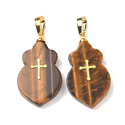 Тигровый глаз Природных тигровый глаз подвески, Тыквообразной формы с латунными защелкивающимися креплениями и 304 крестообразными кабошонами из нержавеющей стали., золотые, 30.5~31.5x17~17.5x4.5~7 мм, отверстие : 7.5x4 мм