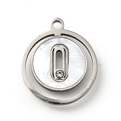 Нержавеющая Сталь Цвет 304 из нержавеющей стали плоским круглые подвески, с пластиковой имитацией ракушки и стразами, белые, цвет нержавеющей стали, 17x15x1.7 мм, отверстие : 1.6 мм