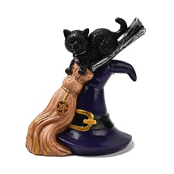 Black Resin Bewitched Cat with Broom Figurine Ornament, for Halloween Party Home Desk Decoration, Black, 115x88x135mm