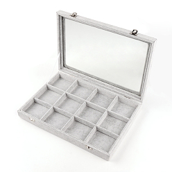 Gray Velvet and Wood Display Boxes, with Glass, 12 Grids with Lid Jewelry Display Boxes, Rectangle, Gray, 24x35x4.5cm