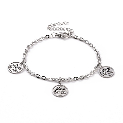 Stainless Steel Color 304 Stainless Steel Tree of Life Charm Bracelet with Cable Chains for Women, Stainless Steel Color, 7-1/8 inch(18cm)