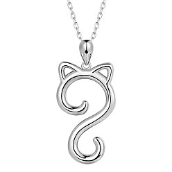 Platinum Rhodium Plated 925 Sterling Silver Cat Pendant Necklace for Women, Platinum, 15.35 inch(39cm)