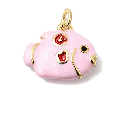 Розовый Латунь эмаль подвески, рыбы прелести, долговечный, без кадмия и без свинца, с целью перехода в кольце, золотые, туманная роза, 13x16x5 мм, отверстие : 3 мм