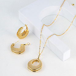 Golden Brass Hollow Donut Pendant Necklaces & Hoop Earrings, Jewelry Set, Golden, Necklaces: 450mm, Earrings: 33x27mm