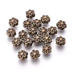 Antique Bronze Tibetan Style Beads, Zinc Alloy, Lead Free & Cadmium Free, Antique Bronze Color, Lovely Flower, Great for Mother's Day Gifts making, Size: about 6.5mm in diameter, 4.5mm thick, hole: 1mm