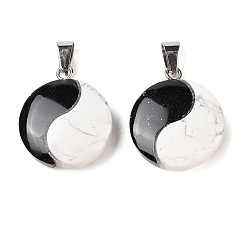 Смешанные камни Подвески из натурального обсидиана и говлита, Подвески Инь-Янь с застежкой из платинового сплава на дужке, 29x25x8 мм, отверстие : 6x3 мм