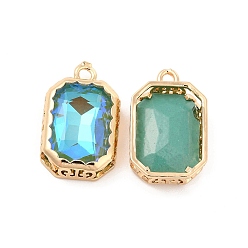 Turquoise K9 Glass Pendants, with Light Gold Brass Finding, Rectangle Charms, Turquoise, 19x12x5mm, Hole: 1.8mm