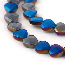 Blue Plated Electroplated Non-magnetic Synthetic Hematite Beads Strands, Faceted, Half Plated, Heart, Blue Plated, 8x8x3mm, Hole: 0.8mm, about 54pcs/strand, 16.14 inch(41cm)
