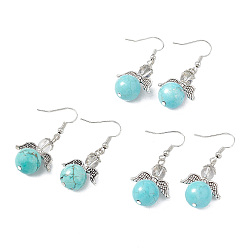 Synthetic Turquoise Synthetic Turquoise Round Beaded Fairy Dangle Earrings, Platinum Brass Jewelry for Women, Cadmium Free & Lead Free, 45mm, Pin: 0.7mm