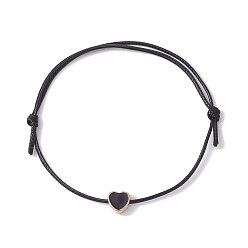 Black Alloy Enamel Heart Braided Bead Bracelet, Waxed Polyester Cords Adjustable Bracelet, Black, Inner Diameter: 3-1/2 inch(9cm)
