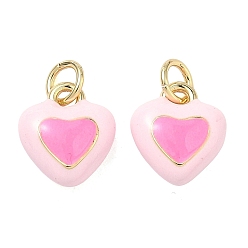 Розовый Латунь эмаль подвески, сердце прелести, долговечный, стойки покрытие, без свинца и без кадмия, реальный 18 k позолоченный, туманная роза, 11.5x10x4 мм, отверстие : 3 мм, Перейти кольцо: 5x1 мм