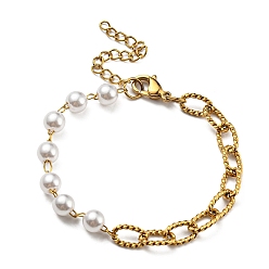 Golden Ion Plating(IP) 304 Stainless Steel Paperclip & Plastic Pearl Beaded Chain Bracelet, Golden, 6-1/4 inch(16cm)