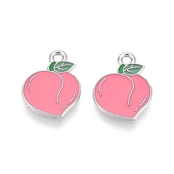 Pink Эмалевые подвески из фруктового сплава, персик, платина, розовые, 16x12x1.5 мм, отверстие : 1.6 мм