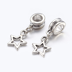 Antique Silver Alloy European Dangle Charms, Star, Antique Silver, 23mm, Hole: 5mm