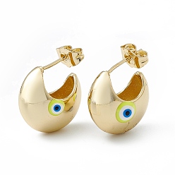 Yellow Enamel Crescent Moon with Evil Eye Stud Earrings, Real 18K Gold Plated Brass Half Hoop Earrings for Women, Yellow, 16.5x18mm, Pin: 1mm
