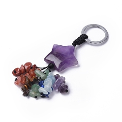 Amethyst Natural Amethyst Star with Mixed Gemstone Chips Beaded Tassel Keychains, with 304 Stainless Steel Ring Clasps, 9.5~10cm