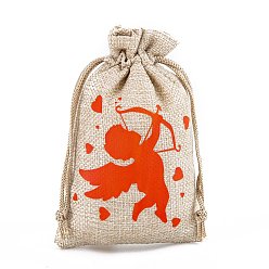 Cupid Valentine's Day Printed Burlap Drawstring Pouches, Red, Rectangle, Cupid, 15x10cm