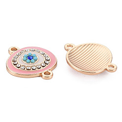 Pink Rack Plating Alloy Enamel Links Connectors, with Crystal Rhinestone, Cadmium Free & Nickel Free & Lead Free, Oval with Eye, Light Gold, Pink, 17x20x3mm, Hole: 1.6mm