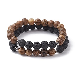 Mixed Color Natural Lava Rock & Wooden Round Beaded Stretch Bracelet, Mixed Color, Inner Diameter: 2 inch(5cm), 2pcs/set