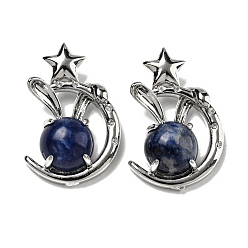 Содалитовое Природные подвески содалитом, Подвески в виде кролика со стойкой из латуни, луны и звезды, платина, без кадмия и без свинца, 27.5x18x9 мм, отверстие : 6x2.5 мм