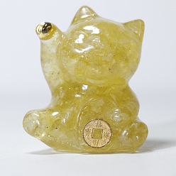 Quartz Citron Décorations d'exposition artisanales en copeaux de quartz citron naturel et résine, figurine de chat porte-bonheur, pour la maison ornement feng shui, 63x55x45mm