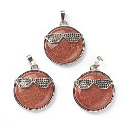 Goldstone Synthetic Goldstone Pendants, with Platinum Tone Brass Findings, Flat Round with Glasses, 32~32.5x27.5x9mm, Hole: 6.5x5mm