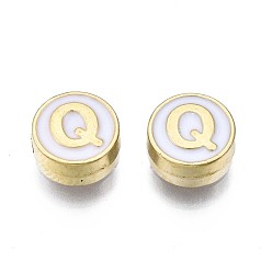 Letter Q Alloy Enamel Beads, Cadmium Free & Lead Free, Light Gold, Flat Round with Alphabet, White, Letter.Q, 8x4mm, Hole: 1.5mm
