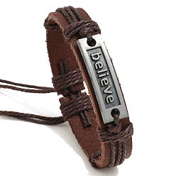 Coconut Brown Adjustable Cowhide Cord Bracelets for Men, Antique Silver Tone Word Believe Alloy Links Bracelets, Coconut Brown, 6-3/4~7-1/8 inch(17~18cm)
