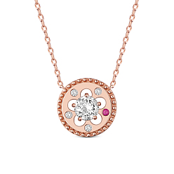 Rose Gold SHEGRACE 925 Sterling Silver Pendant Necklace, AAA Cubic Zirconia, Flat Round with Flower, Rose Gold, 15.74 inch