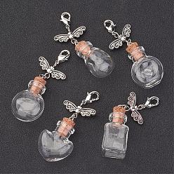 Clear Mixed Shape Glass Bottle Big Pendants, with Tibetan Style Butterfly Bead and Brass Lobster Claw Clasps, Clear, 55~58mm, Bottle Capacity: 1~2.5ml(0.03~0.08 fl. oz)