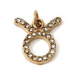 Телец 304 прелести нержавеющей стали, со стразами, ионное покрытие (ip), золотые, Телец, 11.5x11x2.5 мм, Перейти кольцо: 4x0.8 мм, внутренний диаметр: 3 мм