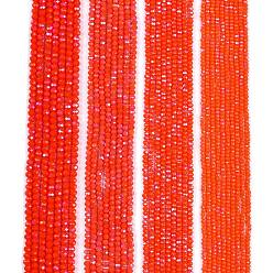 Оранжево-Красный Гальванизировать непрозрачные сплошной цвет стеклянные бусы пряди, с половиным покрытием цвета радуги, граненые, рондель, оранжево-красный, 2.3~2.7x1.5 мм, отверстие : 0.4 мм, около 135~140 шт / нитка, 26~27 см
