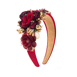 Burgundy Baroque Style Crystal Flower Headband with Wide Brim and High Crown