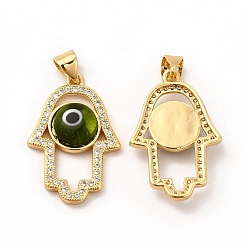 Dark Olive Green Rack Plating Brass Micro Pave Clear Cubic Zirconia Pendants, with Handmade Evil Eye Lampwork, Cadmium Free & Lead Free, Long-Lasting Real 18K Gold Plated, Hamsa Hand Charm, Dark Olive Green, 25.5x17x4mm, Hole: 5.5x3.5mm