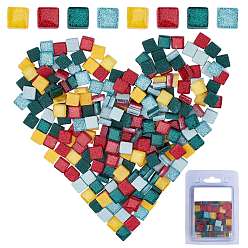Mixed Color Glass Cabochons, Mosaic Tiles, with Glitter Powder, for Home Decoration or DIY Crafts, Square, Mixed Color, 10x10x4.5mm, about 220pcs/box