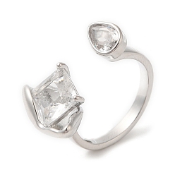 Платинированный Открытое кольцо-манжета со стеклянным ромбом и каплей, латунное кольцо для женщин, Реальная платина, внутренний диаметр: 18 мм